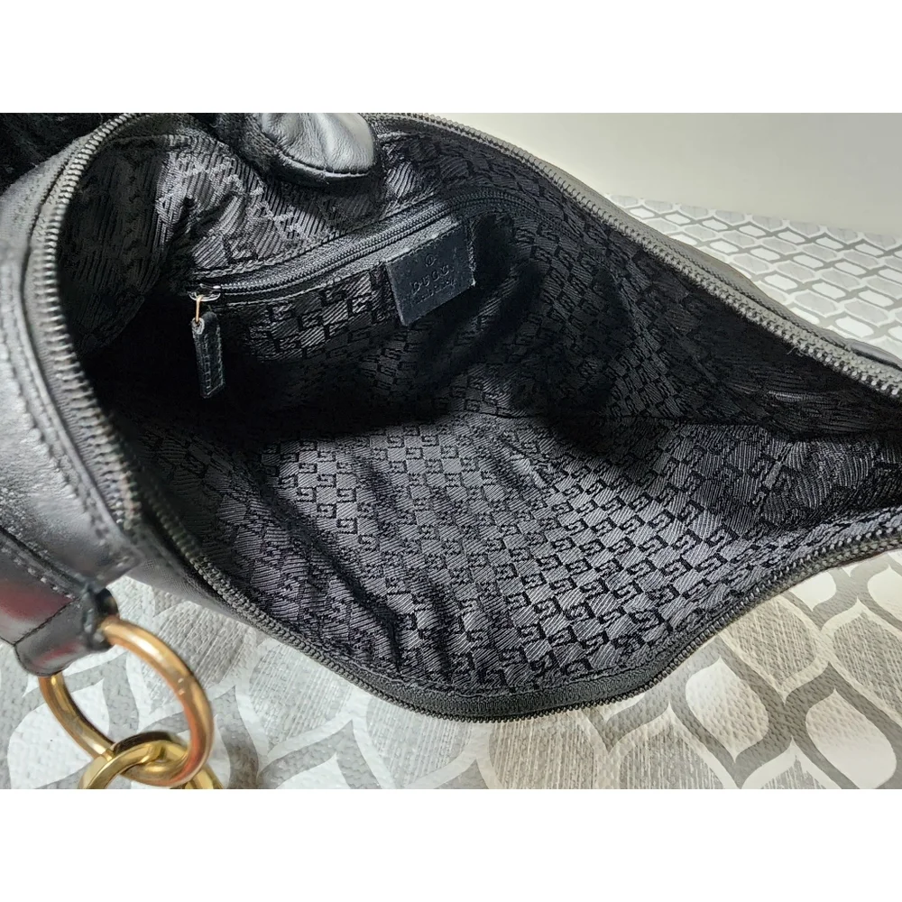 Gucci Vintage Leather-Trimmed Denim Hobo Bag Black